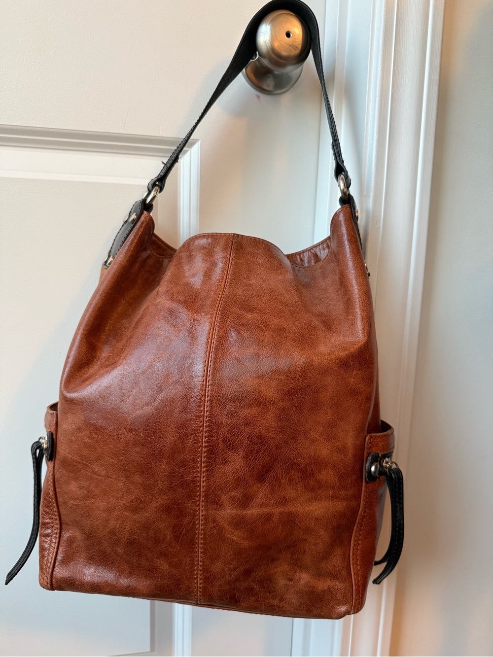 Tano Chestnut Brown Leather Hobo with Black Strap